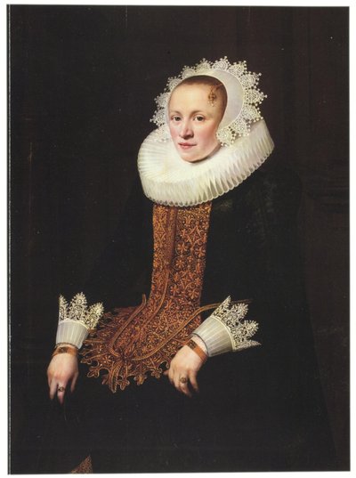 Portrait of a Young Lady in a Wedding Stomacher, Diadem Cap and Millstone Ruff by Jan Anthonisz. van Ravesteyn
